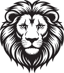 Black and white illustration of a majestic lion head with a full mane regal