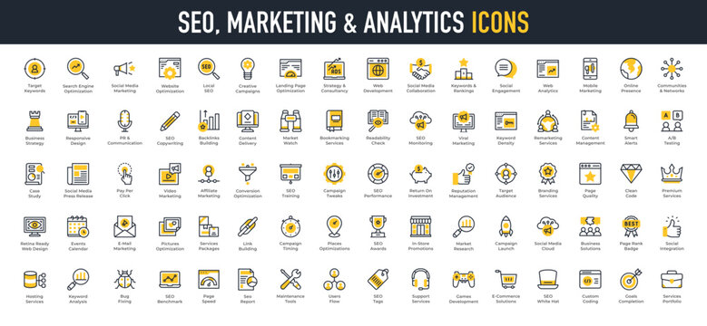 Line SEO, marketing & analytics icons. Editable stroke. Such as business and marketing, traffic, ranking, optimization, strategy, content, search, development, store, link and keyword vector icon.