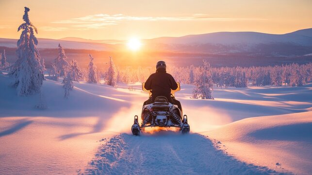 Man riding a snowmobile through a beautiful, snow covered winter landscape adventure scene