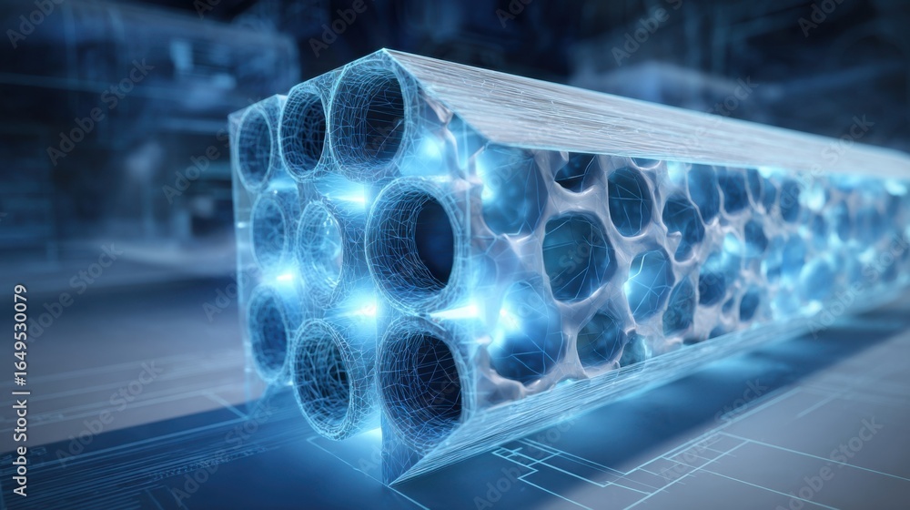 Poster an artistic view of a sorbent material embedded in a modular air capture unit with engineering bluep