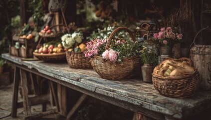 Rustic market stall overflowing with produce and flowers
