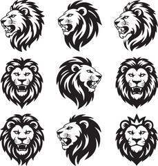 Nine Black And White Lion Head Illustrations Including One With A Crown lions animal