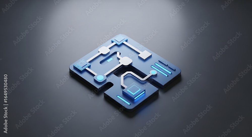Poster isometric view of a blue circuit board with glowing elements on a dark gray background surface