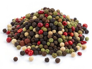 Pile of mixed peppercorns isolated on white background