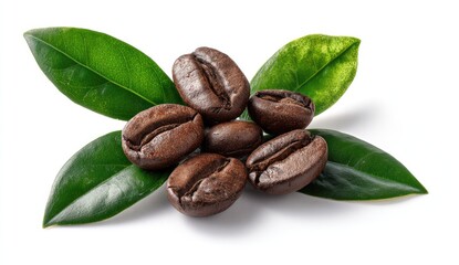 Roasted coffee beans nestled amongst vibrant green leaves