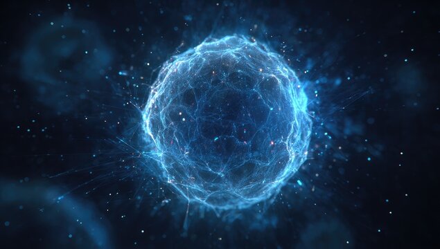 A glowing sphere of light, network-like structure, in deep space