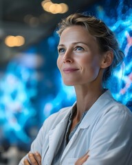 Obraz premium Determined female researcher standing before a futuristic display