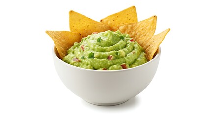 Bowl of fresh guacamole with tortilla chips, centered on a white background with wide empty margins, vibrant colors, photorealistic and appetizing.