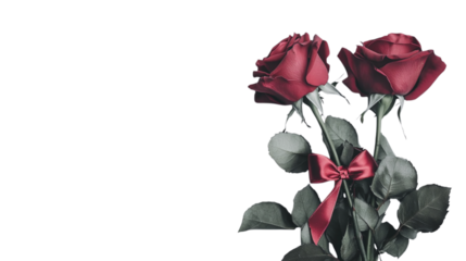 • A Valentine's Day rose bouquet with a satin ribbon, isolated on white background in HD 
