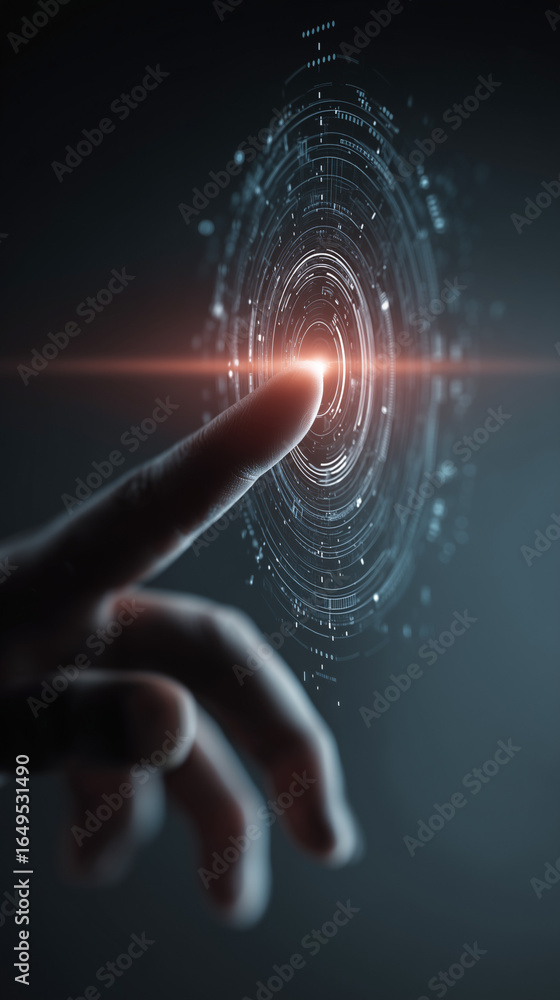 Poster digital touch: a close-up captures a fingertip interacting with a futuristic digital interface, symb