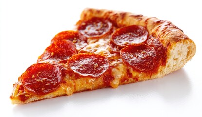 Close-up of a pizza slice.  A triangular slice of pepperoni pizza, showing the crust, melted cheese, and pepperoni.  Isolated on white background