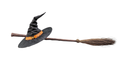 • A whimsical Halloween broomstick with a witch hat, isolated on white background in HD 