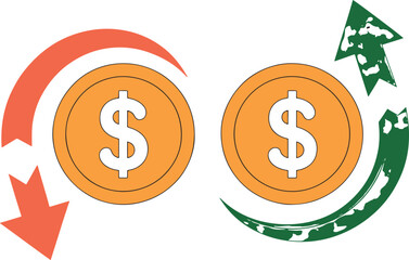 Money Flow Financial Investment and Economic Concepts with Upward and Downward Arrows and Dollar Symbol Coins