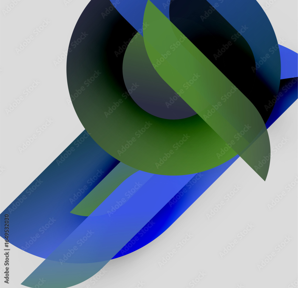 Poster abstract composition. overlapping shapes create dynamic visual effect. blues, greens dominate neutra