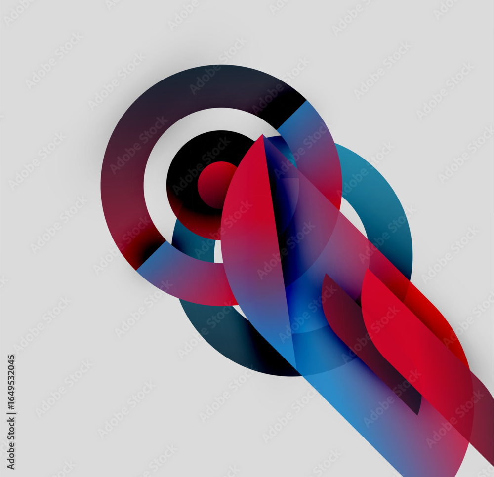 Poster abstract composition featuring overlapping circles, vibrant colors. red, blue, black elements create