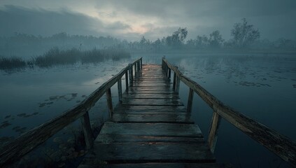 Naklejka premium Misty morning wooden pier over still water