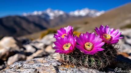 pink cactus flowers bloom in desert landscape Sierra. Trio rose succulent blossom open arid vista mountain range southwest botanical flora bloom growth natural scenic environment.