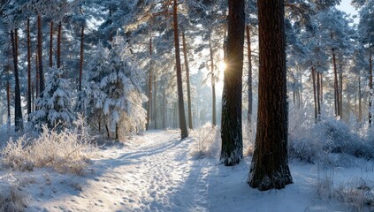 Winter sunbeams pierce a snowy forest path