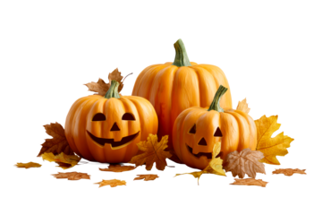 Pumpkins and autumn leaves on clear bg