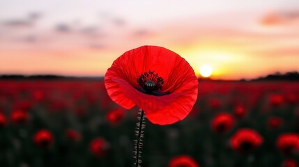 Red flowers in poppy field at sunset. Scarlet bloom in herbaceous meadow at sundown floral scene nature evening countryside botanical vibrant petal agriculture sunlight.