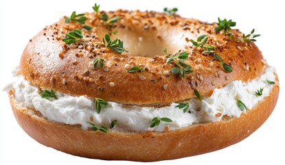 A whole-wheat bagel, topped with sesame and poppy seeds, and creamy cream cheese, sprinkled with fresh thyme