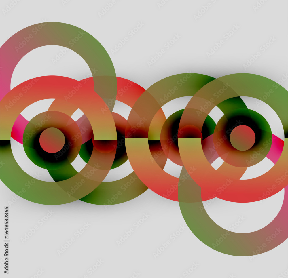 Poster abstract composition featuring overlapping colorful circles. green, red, yellow hues create dynamic 