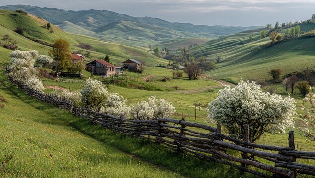 Springtime valley, rustic homes nestled in rolling hills. A picturesque landscape with a winding path, a traditional wooden fence and flowering trees.