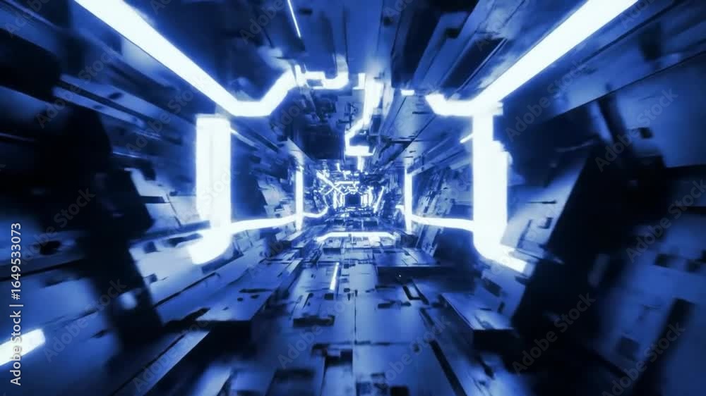 Poster abstract digital tunnel with blue glowing lights - futuristic data flow in high-tech cyberspace port