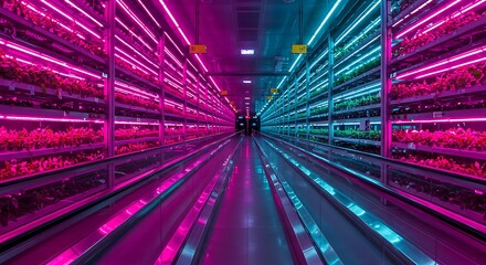 Vibrant vertical farm with rows of lush plants under striking pink and blue LED grow lights,Generated Image