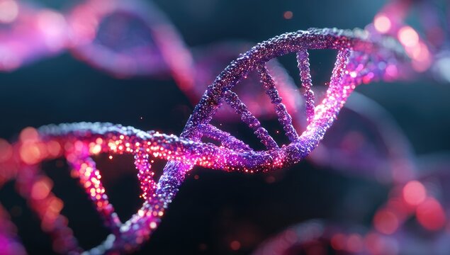 DNA helix with glowing particles.  A vibrant, detailed 3D rendering of a DNA double helix.  The helix is composed of glowing,  pink and purple particles.
