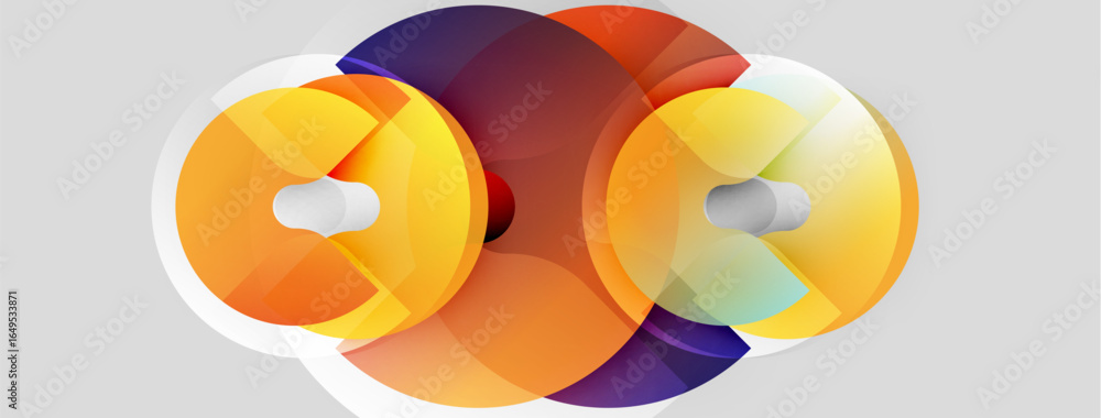 Poster abstract design features overlapping circles, warm colors dominate. gradient shades create depth, mo