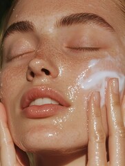 Close-up of a serene woman with natural freckles applying a creamy cleanser to her dewy skin, embracing a self-care beauty and wellness routine.