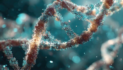 DNA helix, intricate, microscopic,  glowing.  Complex molecular structure with  orange-brown, teal, and  translucent particles.  Bokeh effect emphasizes  depth