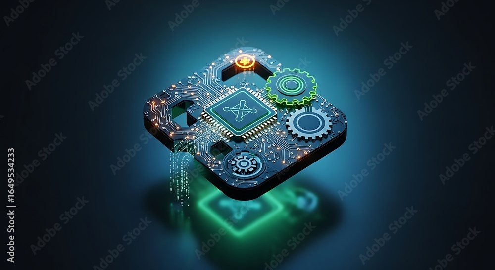 Poster illuminated circuit board with gears and central processor on a dark blue background surface