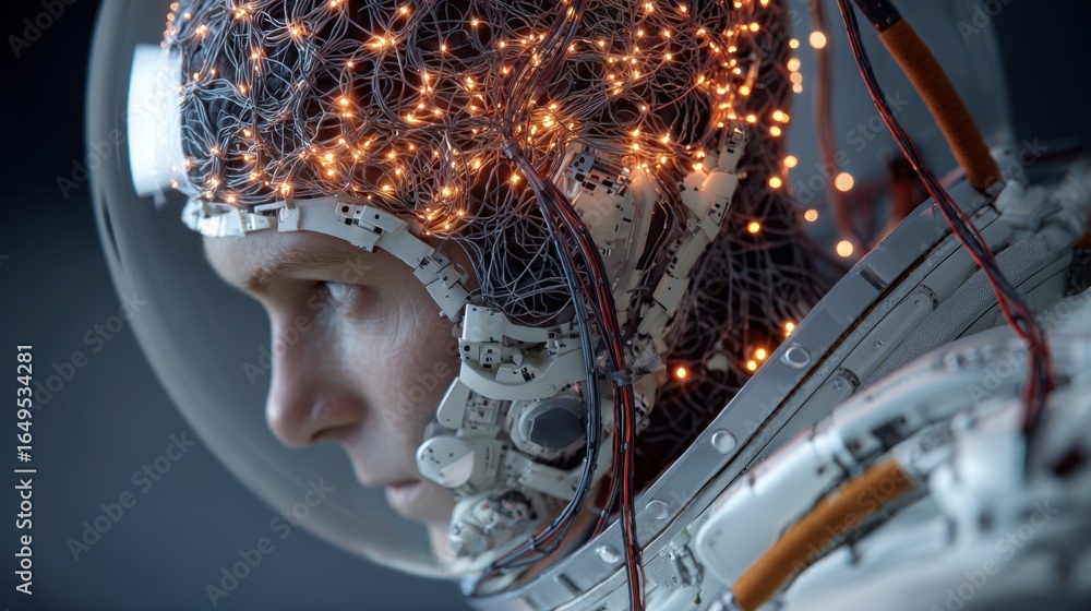 Poster neural interface helmet glowing with intricate brain networks, revealing futuristic space exploratio
