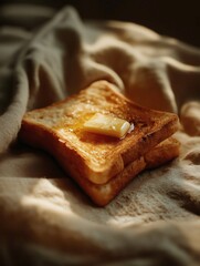 Cozy morning still life of golden-brown toast topped with melting butter, presented on a soft, rumpled beige fabric, bathed in warm, natural light.
