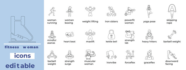 Minimalist fitness woman vector icons for health, wellness, and sports brands, perfect for web, app, and print designs
