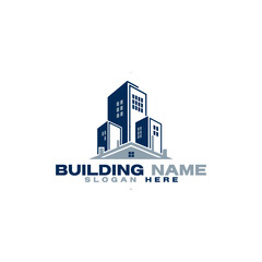 Fototapeta premium Real estate building logo design with house and skyscrapers isolated on white background