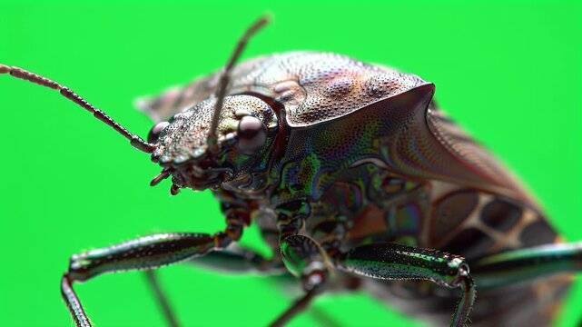 Macro Close-up of a Stink Bug on Vibrant Green Background, Showcasing Iridescent Exoskeleton Detail