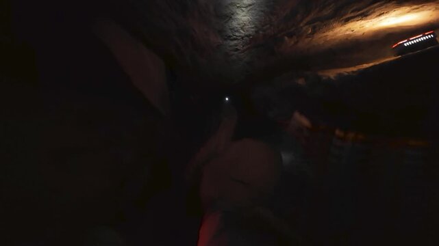 Caving in Hummingbird Tunnel Cave Headlights in Cave - Action Camera Simi Valley California USA