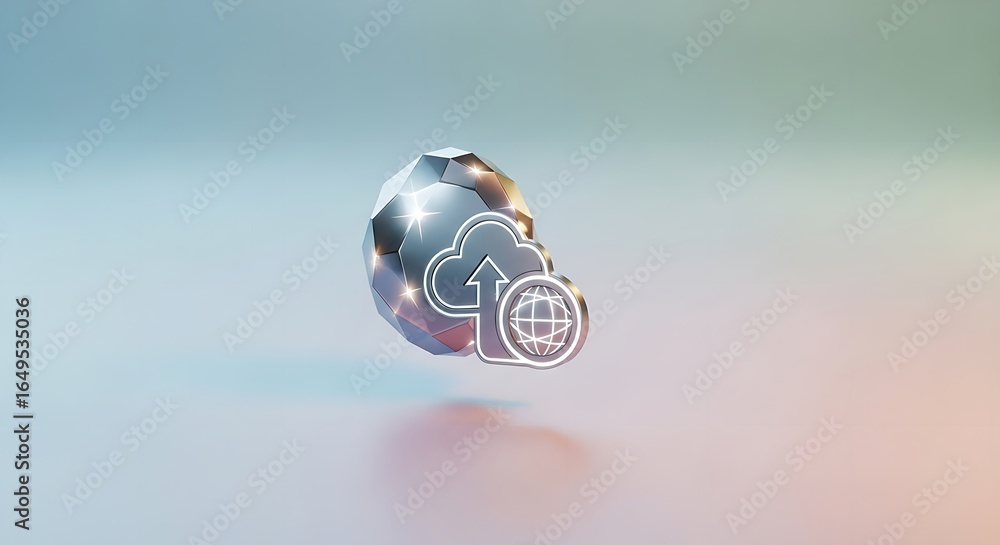 Poster a shiny faceted sphere with a cloud and globe icon floating in front of it on a gradient background