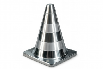 Chrome traffic cone standing on a transparent background, perfect for safety and construction-related projects