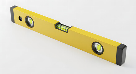 Yellow spirit level tool on white background representing accuracy and construction work for Labour Day
