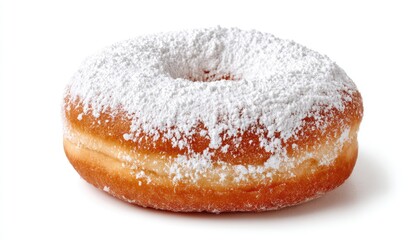 Single powdered donut, golden-brown, glistening, isolated on white background