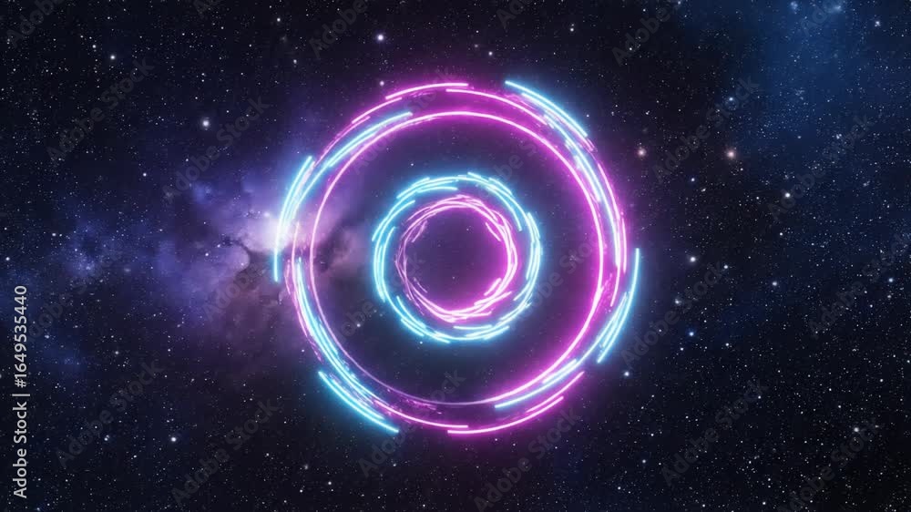 Poster abstract neon circles glowing in a cosmic space with starry background. dynamic animation featuring 