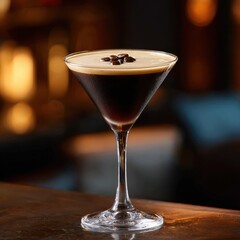 Espresso cocktail in a martini glass with coffee bean garnish