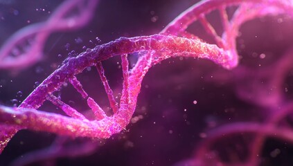 Close-up of a vibrant DNA helix, detailed structure, surrounded by particles