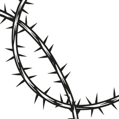 An isolated thorny tree branch on a white background, featuring a minimalist black silhouette illustration of nature's delicate design with leaves