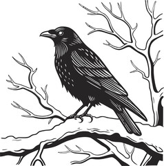 Black crow or raven perching on a tree branch, a striking silhouette of this wild bird in nature, perfect for wildlife illustration