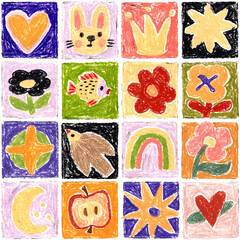 Seamless cartoon pastel pattern. Cute grid of hearts, animals, flowers, and symbols. Naive children’s drawing style. Hand-drawn with oil pastel texture.